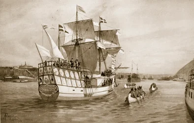 Las celebraciones de Quebec, 1908: el barco de Champlain acercándose a la ciudad